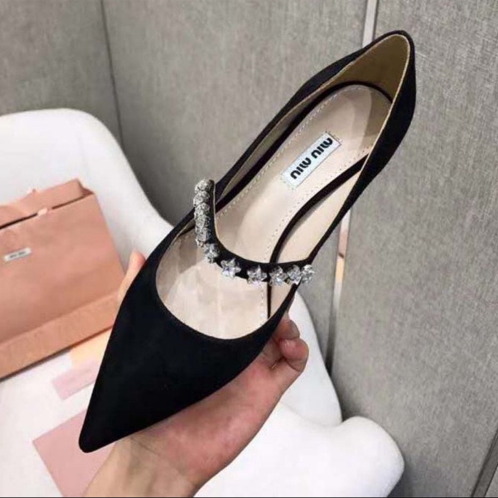 Miu Miu Black Suede Pointed-Toe Pumps with Crystal-Embellished Strap